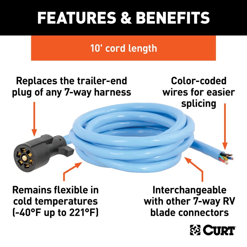 CURT 56613 Extreme Temperature, Cold Weather 7-Pin RV Blade Trailer Wiring Harness Plug, 10-Foot Blunt-Cut Wires, -40F to 221F Degree Rating - Image 3